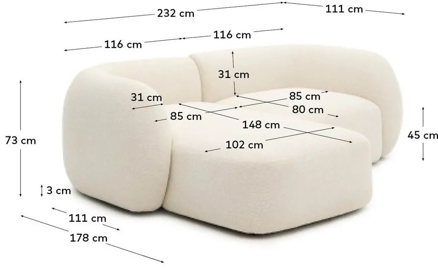 Krémszínű zsenília sarokkanapé (bal oldali-heverő résszel) Martina – Kave Home