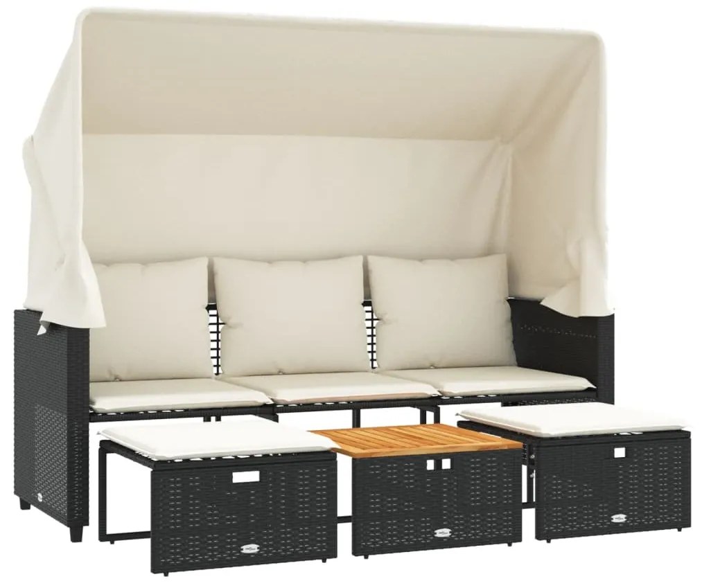 3 személyes fekete polyrattan kerti kanapé baldachinnal/székkel