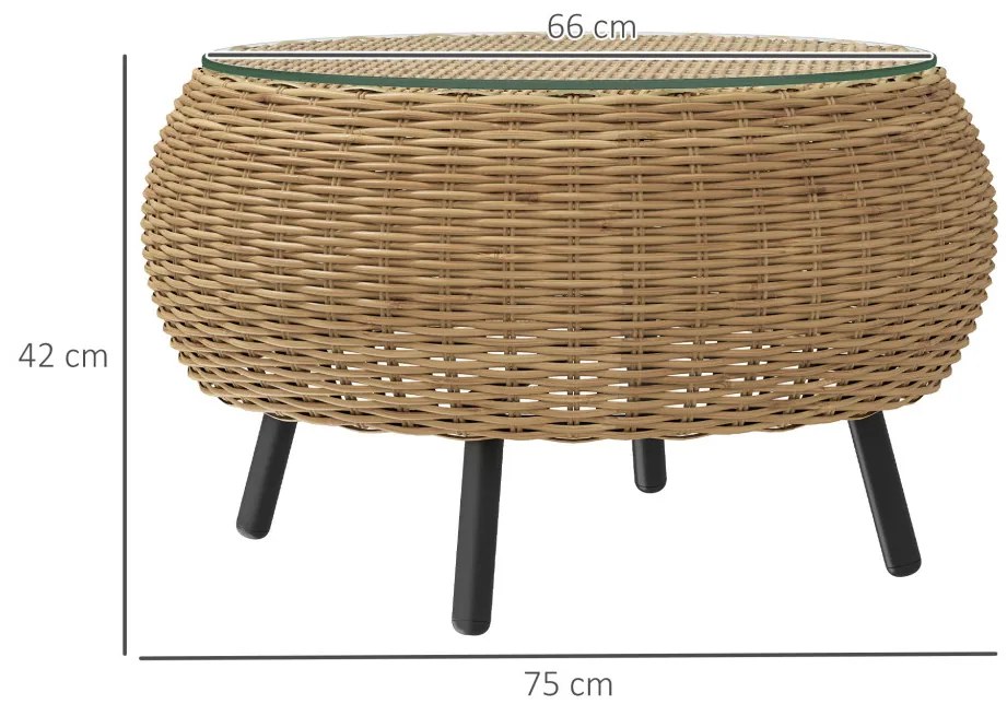 Rattan kerek kerti asztal, üveglappal, barna Ø75 x 42 cm