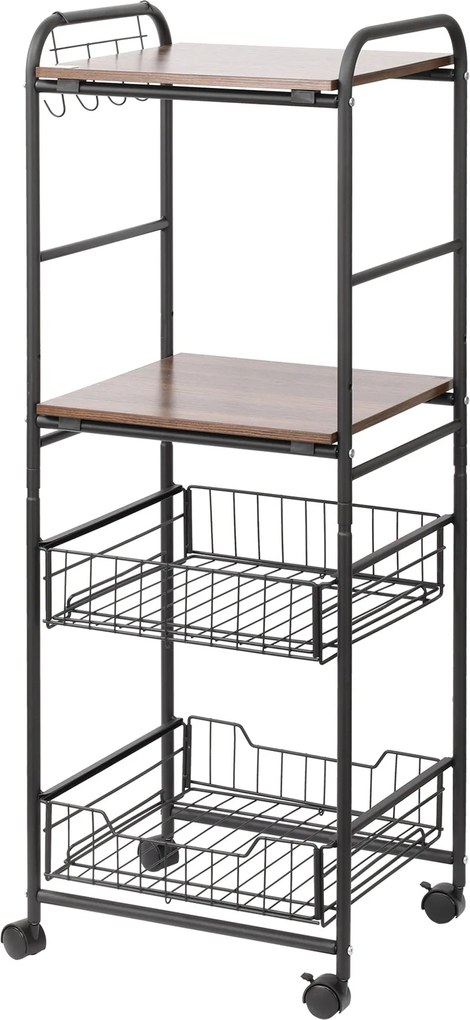 HOMCOM Konyhai Kocsi Kerekekkel 2 Polccal, 2 Kivehető Kosárral és 4 Akasztóval a Étkezőhöz és Fürdőszobához 40x38x111 cm Faragott és Fekete | Aosom