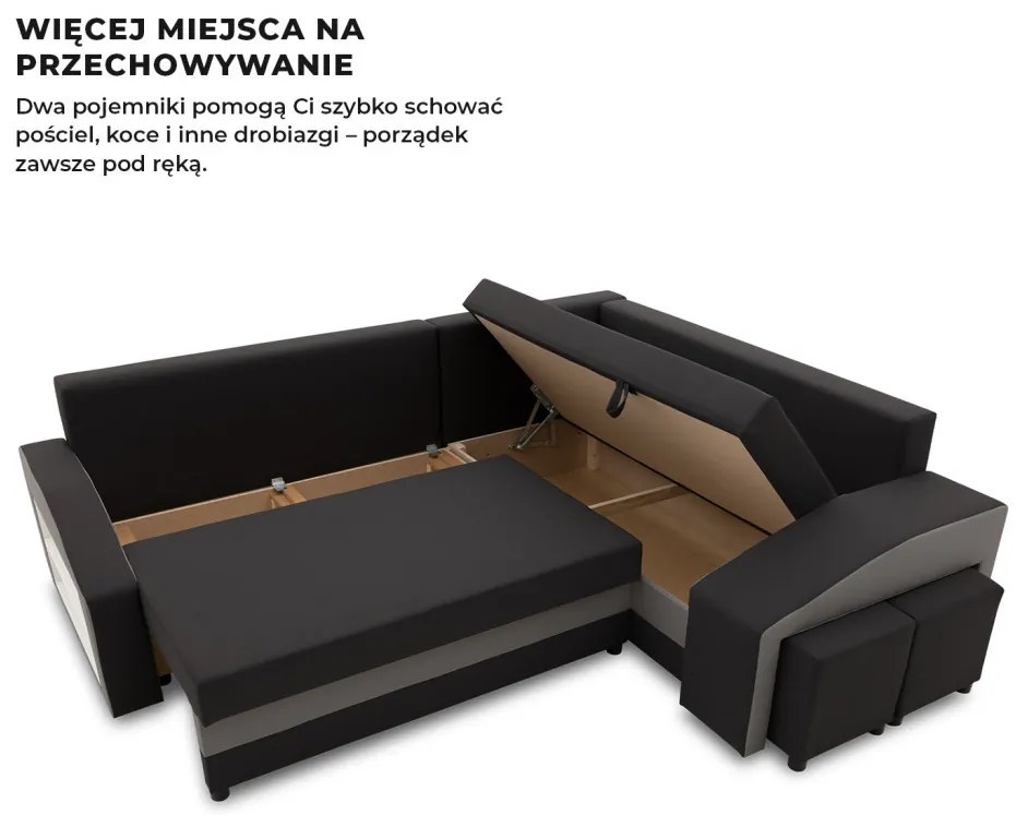 Grande sarokkanapé polcokkal és puffokkal , polc a bal karfaban puffok a jobb karfaban, jobboldali, szövet anyag, bonell töltet, fekete - szürke
