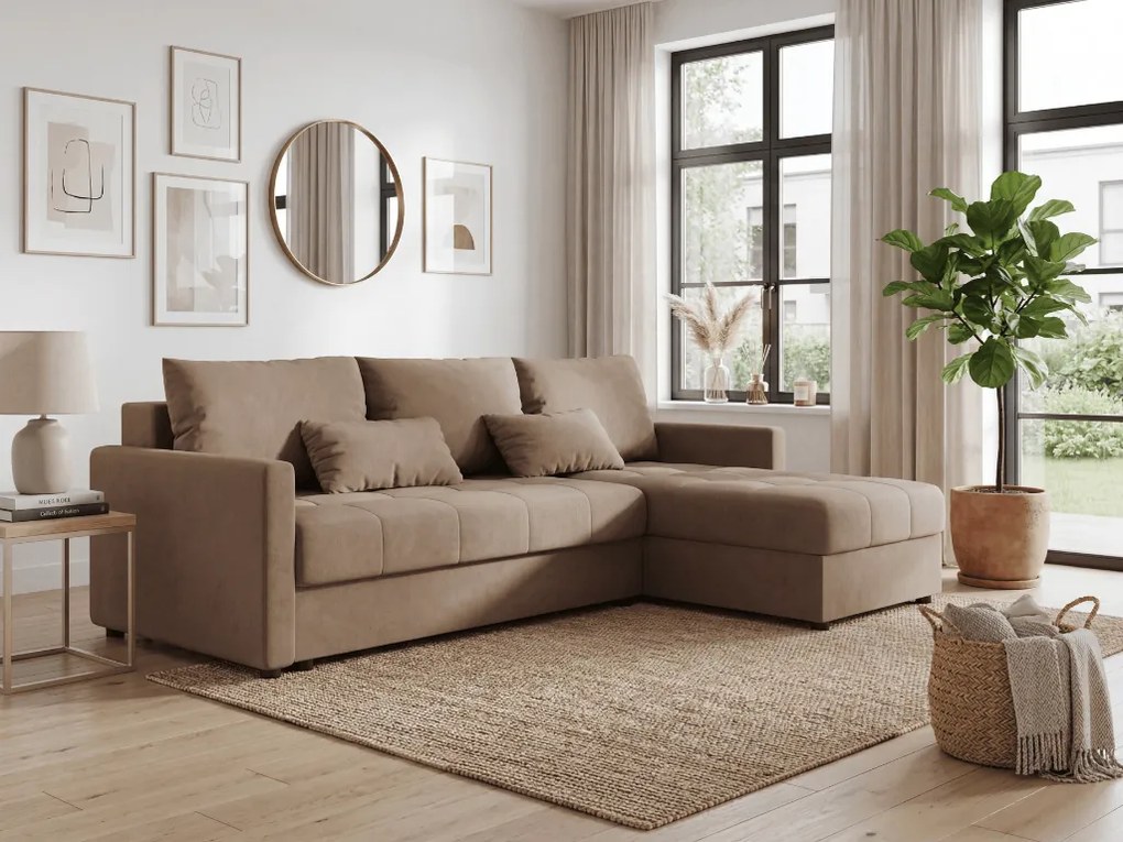 Kinyitható kétoldalas L alakú kanapé VENORIA 220x143 cm, bézs + 2 párna INGYEN