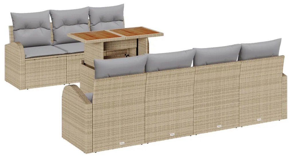 8 Részes Kert Sofaszett Párnákkal Bézs Poly Rattan, 2-Személyes Kert Sofa Tárolóval és Párnákkal Bézs Poly Rattan