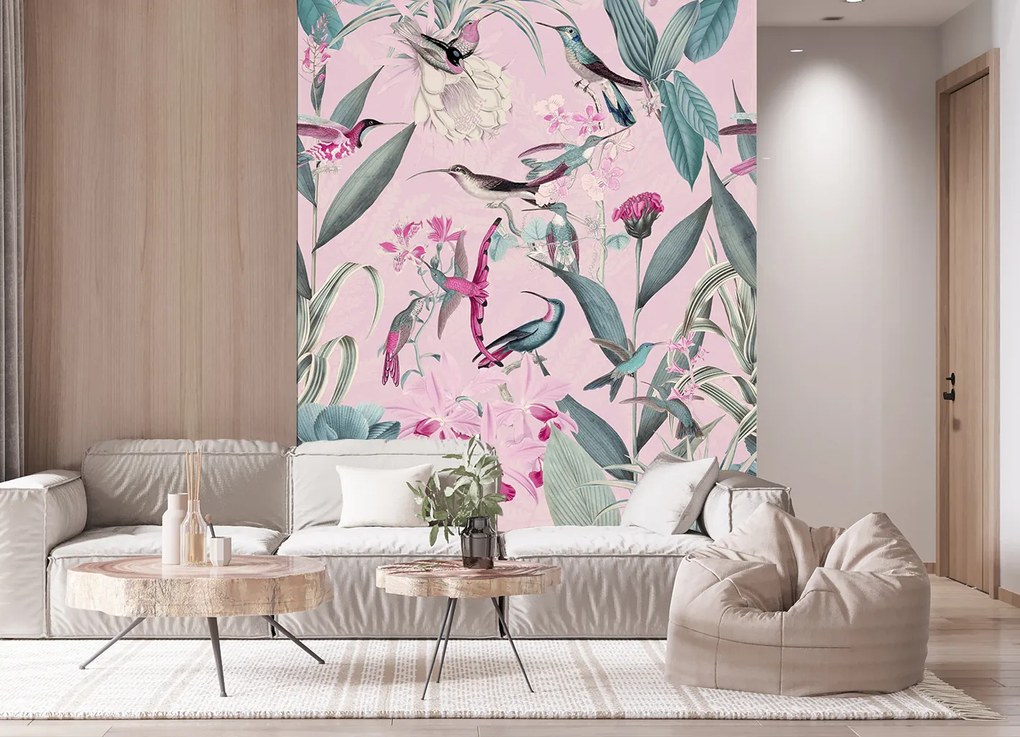Gario Fotótapéta Madarak és levelek rózsaszín háttéren - Andrea Haase Anyag: Vlies, Méret: 200 x 280 cm