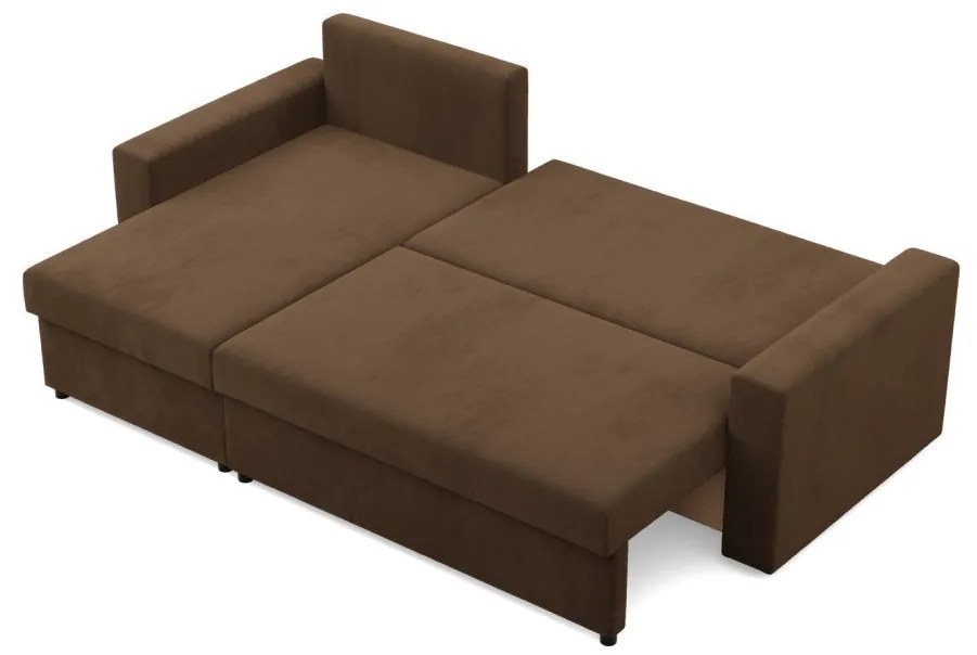 Zeus sarokkanapé, 2 ágyneműtartóval, egyenes kartámasz, szövet anyag, univerzális oldal, hab töltet, barna