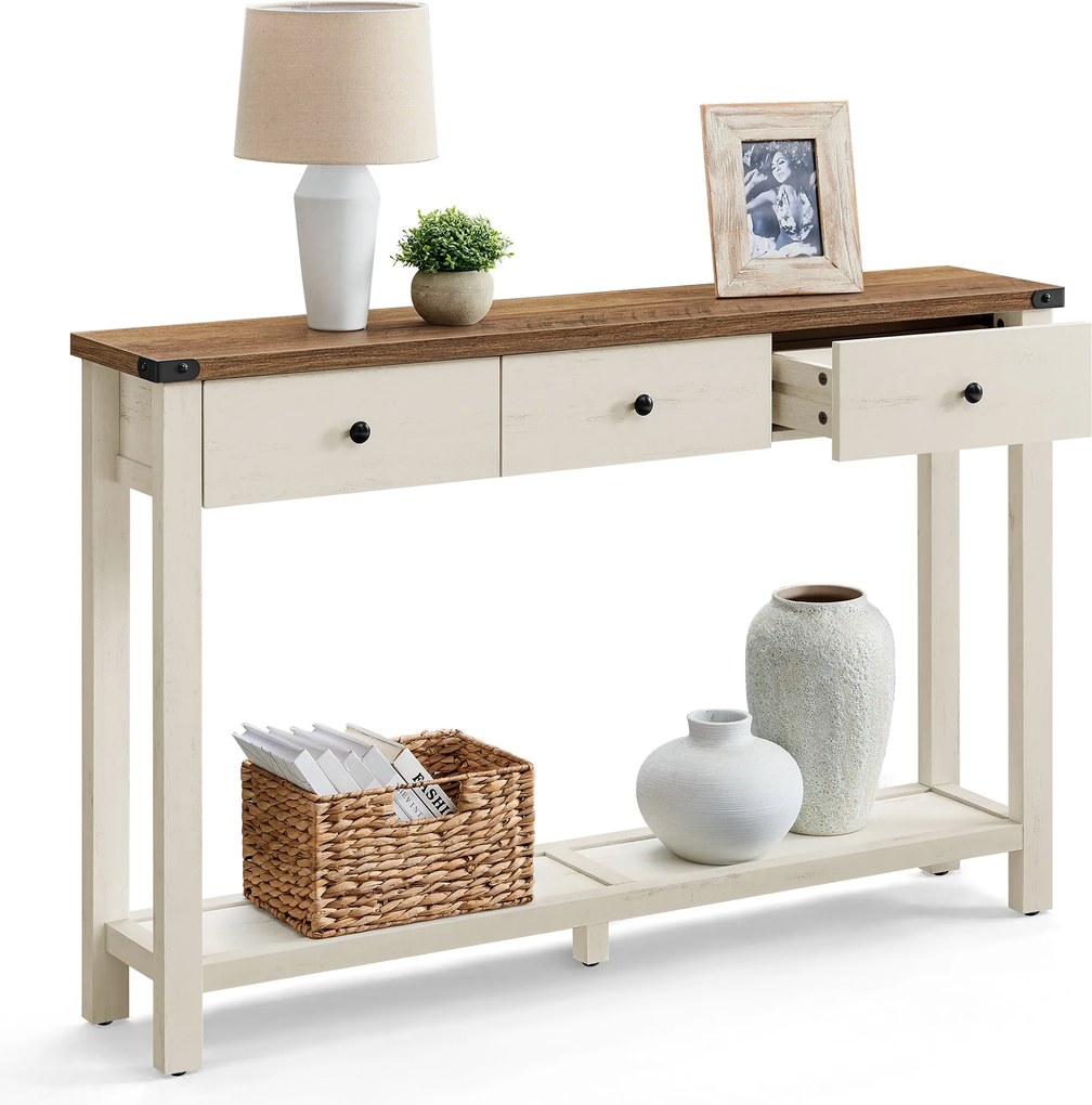 Keskeny konzolasztal 3 fiókkal és nyitott polccal, vidéki stílusban