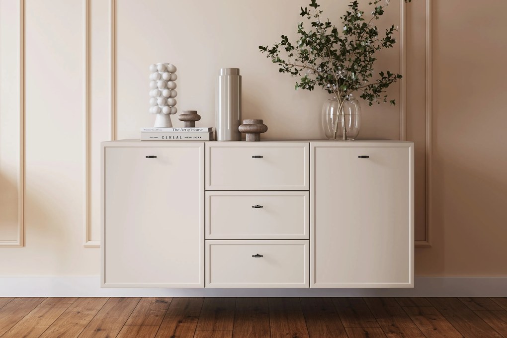 Lorini falra szerelhető komód 150 cm fiókokkal - kasmír / fekete T-bar fogantyúk