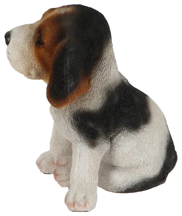 Beagle kiskutya polyresin szobor, fekete foltos, kültéri és beltéri dekorációs kiegészítő