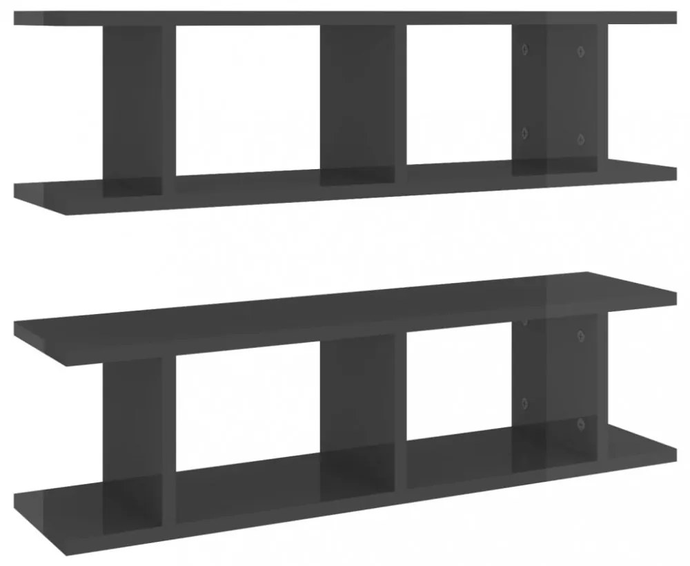 2 db magasfényű szürke szerelt fa fali polc 75 x 18 x 20 cm