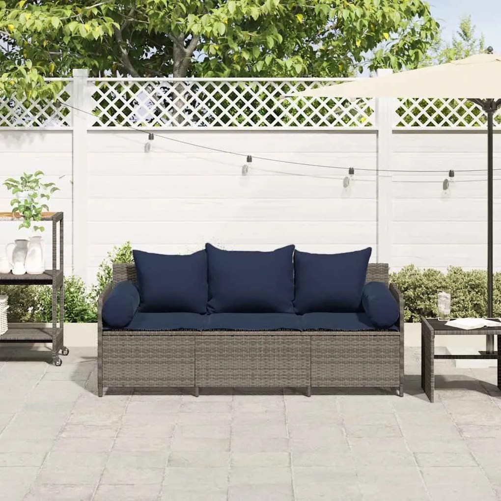 3 személyes szürke polyrattan kerti kanapé párnával