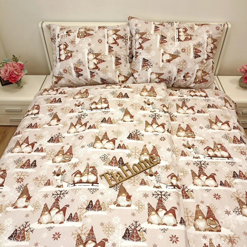 Karácsonyi manók barna pamut ágyneműhuzat TiaHome - 1x Párna 90x70cm, 1x Paplan 140x200cm