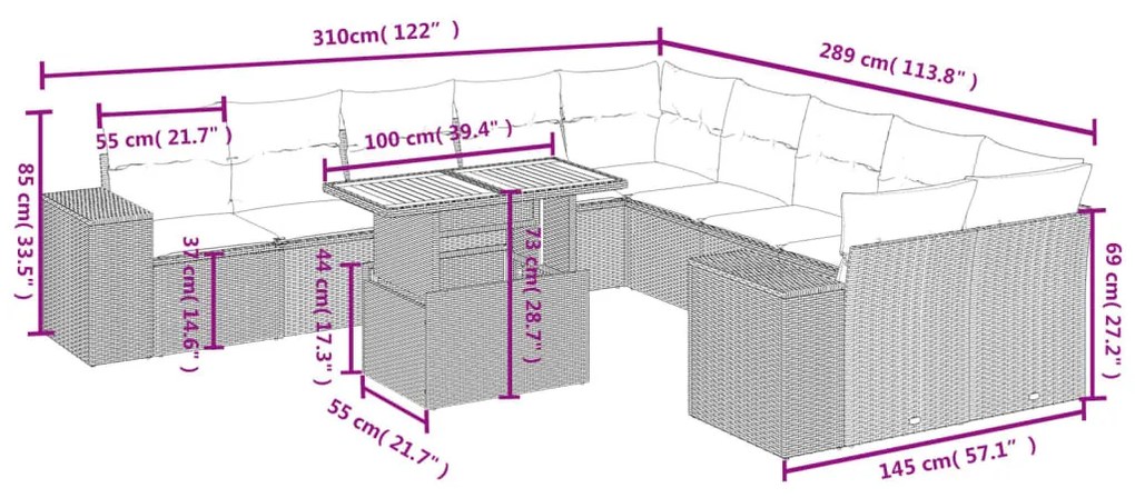 11 részes bézs polyrattan kerti ülőgarnitúra párnákkal