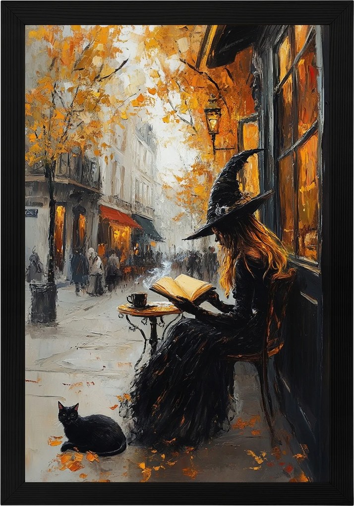 Poszter Keret Fa Boszorkány Kávézó Macska Ősz Kávé 40x60