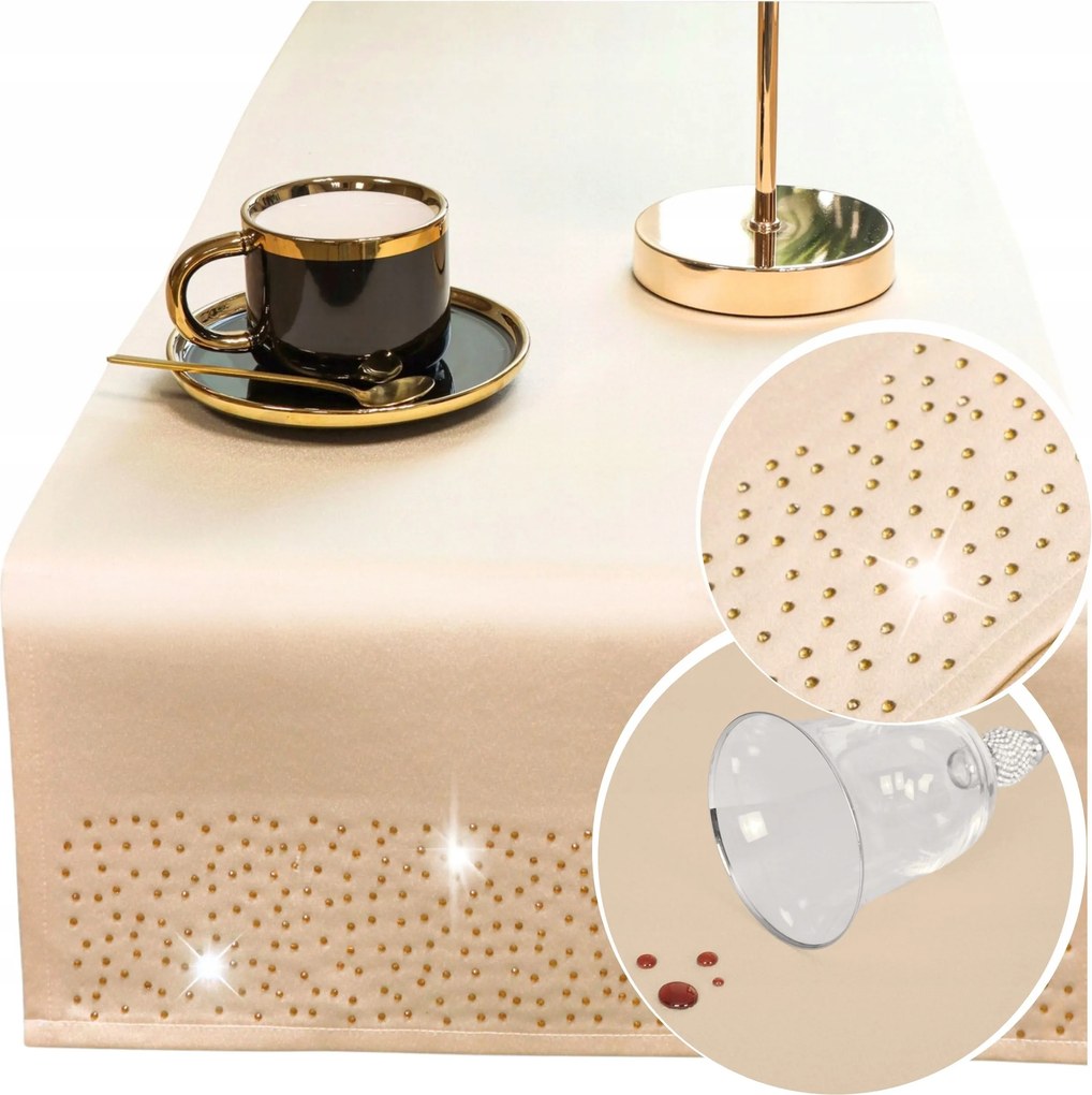 Asztali Futófelület Gyémánt 40x160 Bézs Arany strassz Foltálló Dekoratív