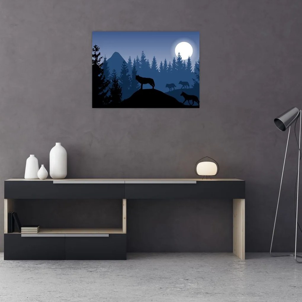 Kép - Egy farkasfalka teliholdkor (üvegen) (70x50 cm)