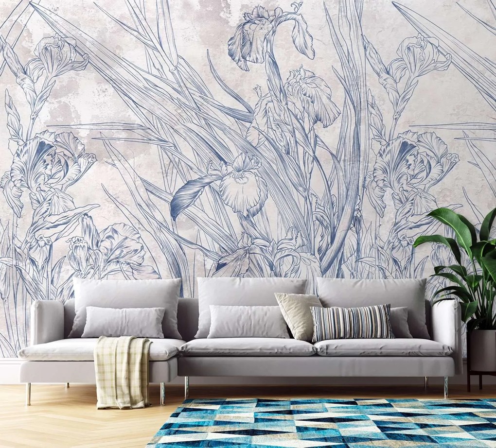 Gario Fotótapéta Kék körvonalak levelek és virágok Anyag: Vlies, Méret: 250 x 175 cm