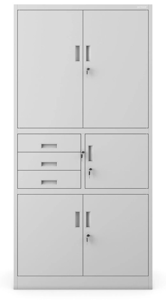 Fém iratszekrény széffel és fiókokkal FILIP II, 900 x 1850 x 400 mm, szürke