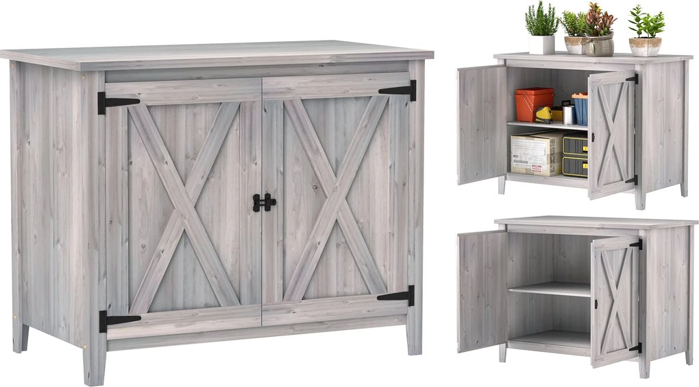 Outsunny Kerti Szekrény Fa, Időjárásálló Szerszámtároló 110x60x88,5cm, Kerti Ház Kétajtós, Polcokkal, Szerszámszekrény, Kerti Szekrény Teraszra vagy U