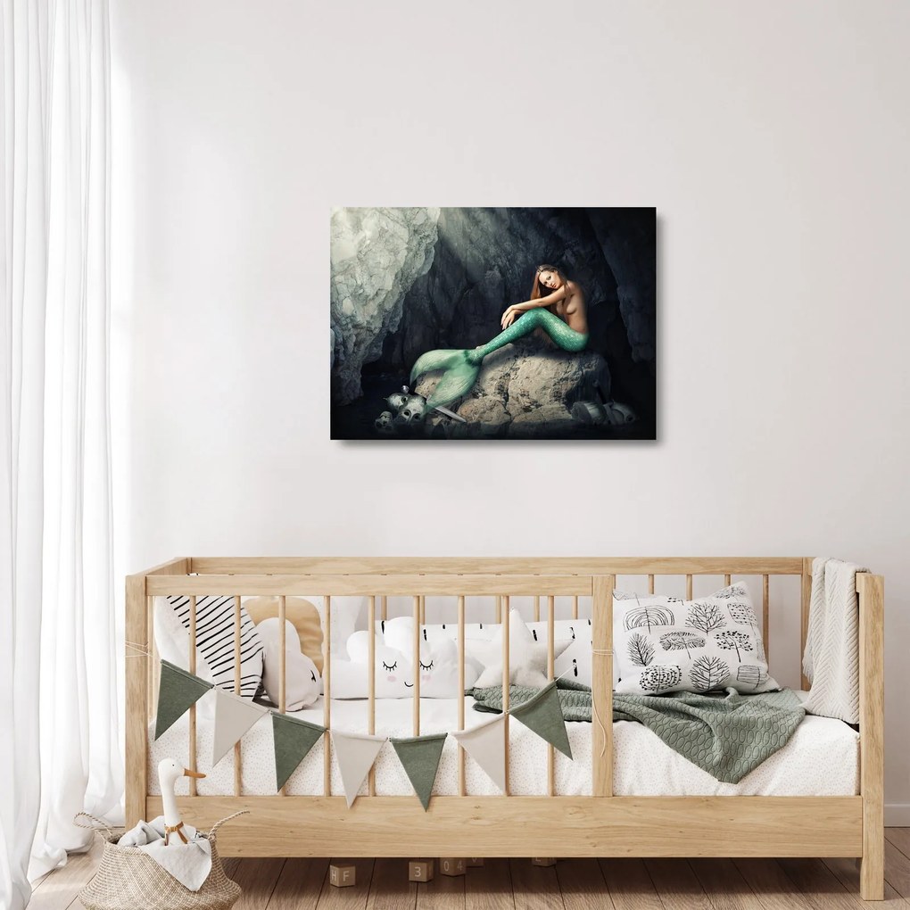 Üveg kép - Hableány a sziklán (70x50 cm)