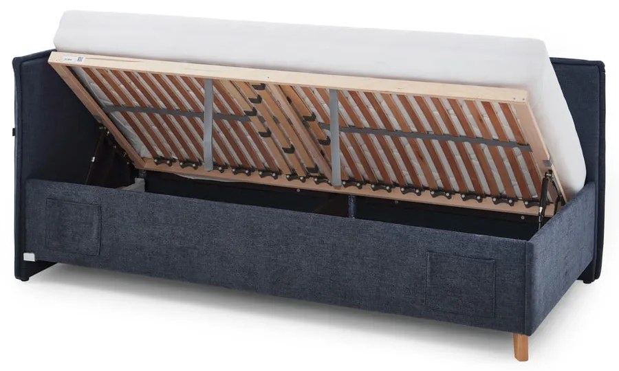 Sötétkék kárpitozott ágyneműtartós sarok gyerekágy ágyráccsal 140x200 cm Fun – Meise Möbel