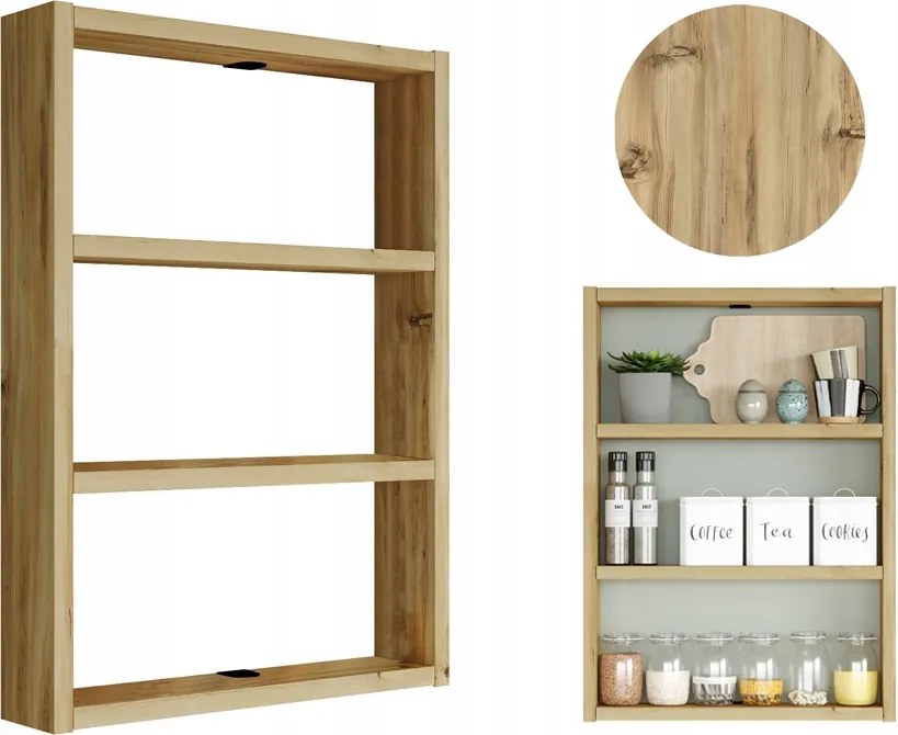 Pera akasztós konyhai polc világos tölgy Loft rendszerező fűszertartó befőttes üvegek