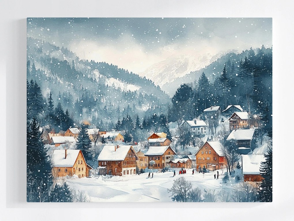 Vászonkép Canvas Tél Tájkép Hegyek Falu Település Házak Hó Erdő 100x75