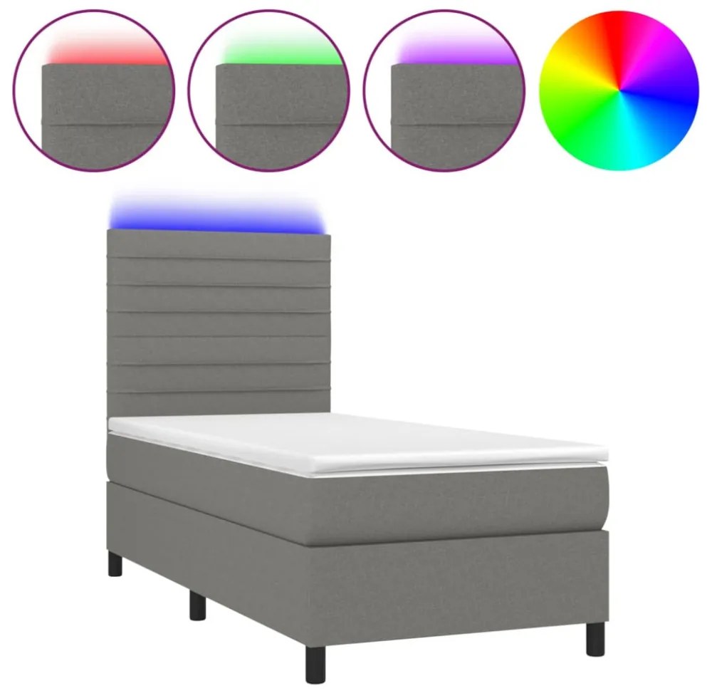sötétszürke szövet rugós és LED-es ágy matraccal 100x200 cm