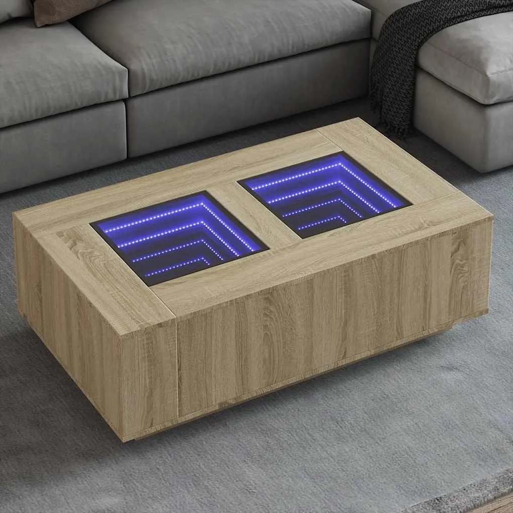 Tölgy színű végtelen hatású LED-es dohányzóasztal 116x69x40 cm
