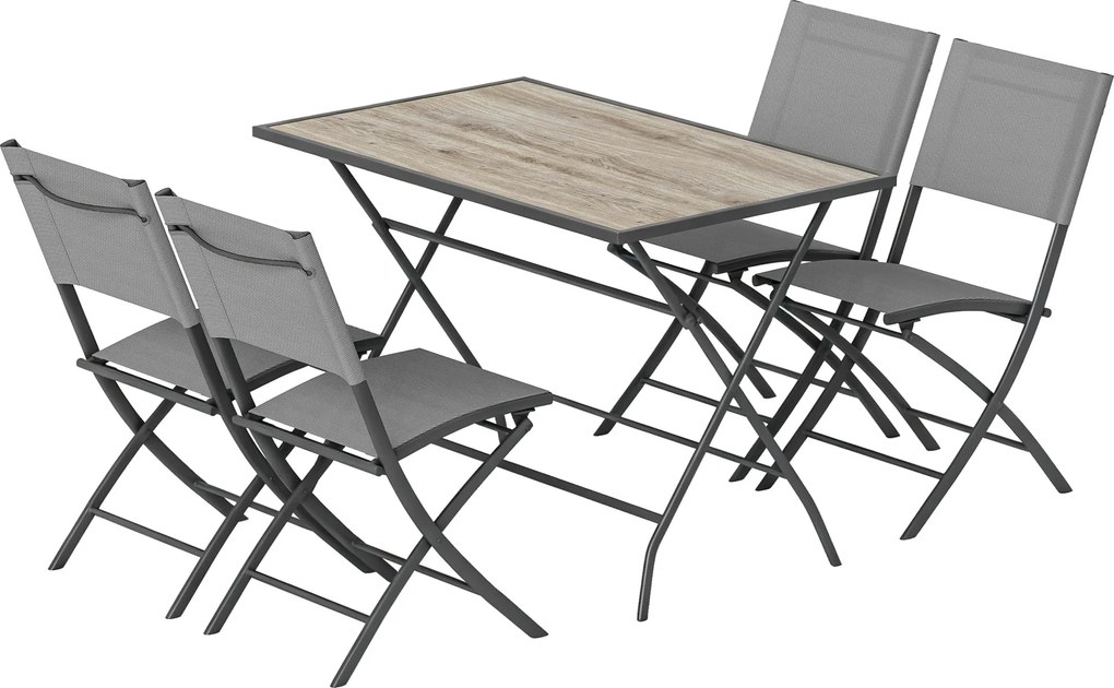 Outsunny 5 részes összecsukható kerti étkezőgarnitúra – szürke faerezetű asztal és 4 légáteresztő hálós szék, helytakarékos, időjárásálló | Aosom