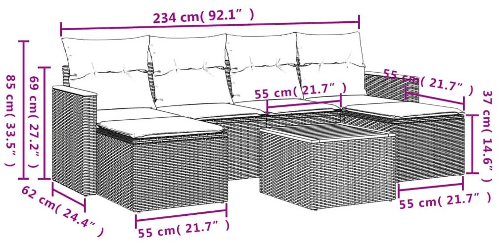 7 részes fekete polyrattan kerti ülőgarnitúra párnával