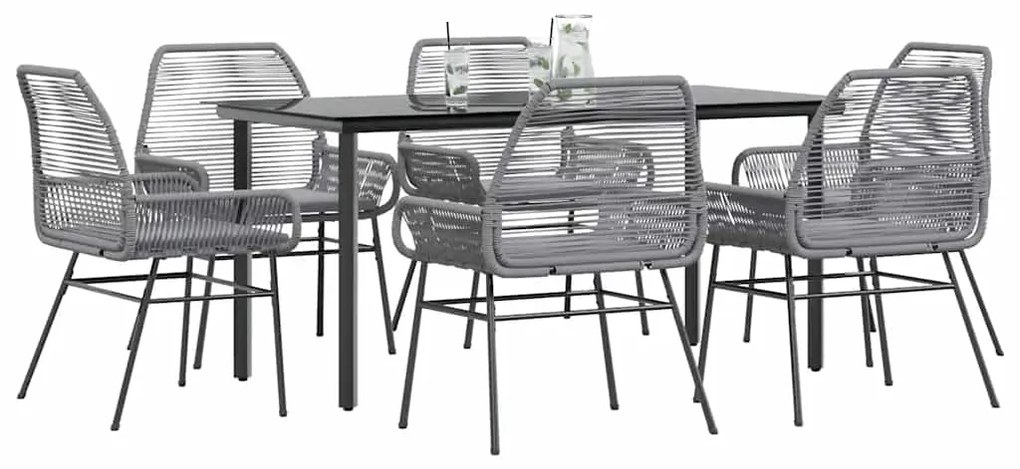 vidaXL 7 részes szürke polyrattan üveg kerti étkezőgarnitúra párnával