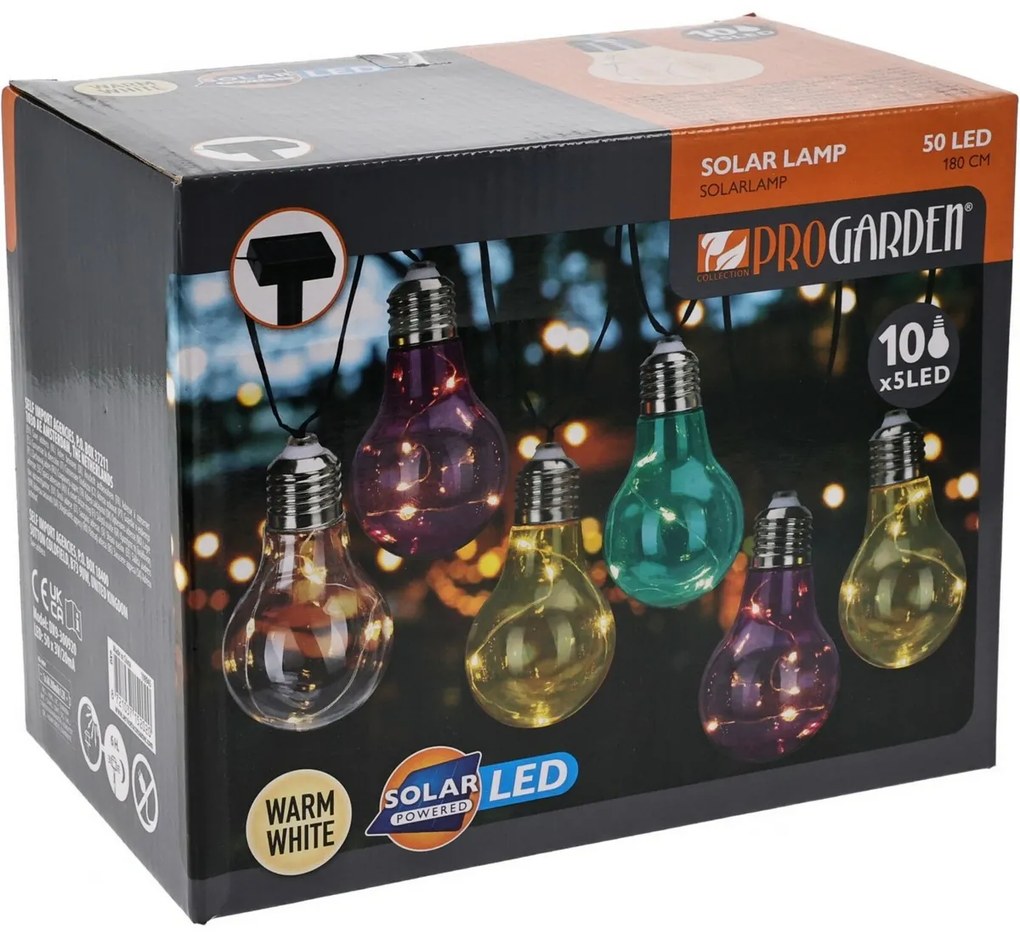 ProGarden napelemes izzólánc színes, 2 m , 10 x 5 LED izzók