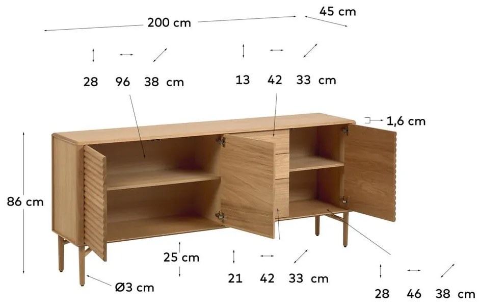 Natúr színű alacsony komód tölgyfa dekorral 200x86 cm Lenon – Kave Home