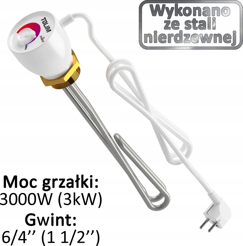Fűtőtest 3000W (3kW) 6/4'' 1 1/2" Tolim bojlerhez Puffer termosztáttal
