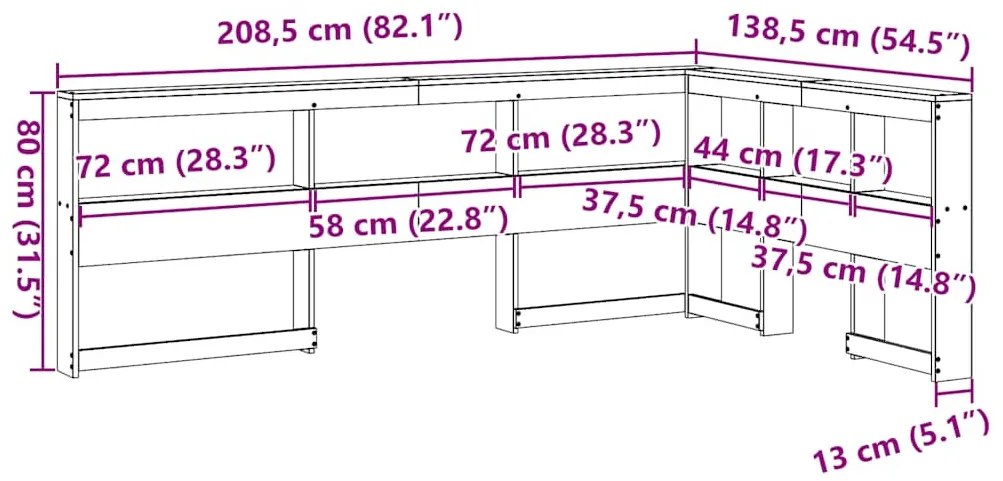 Könyvespolc fejtámla L-alakú viaszbarna 120 cm tömör fa fenyőfa