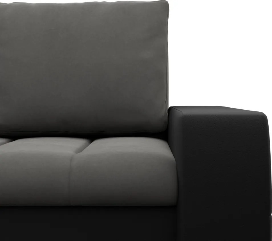 Toronto sarokkanapé, 2 ágyneműtartóval, bársony + műbőr, jobboldali, szürke - fekete