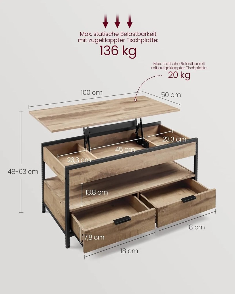 VASAGLE magasságban állítható dohányzóasztal, 50 × 100 cm, karamellbarna–tintafekete színben