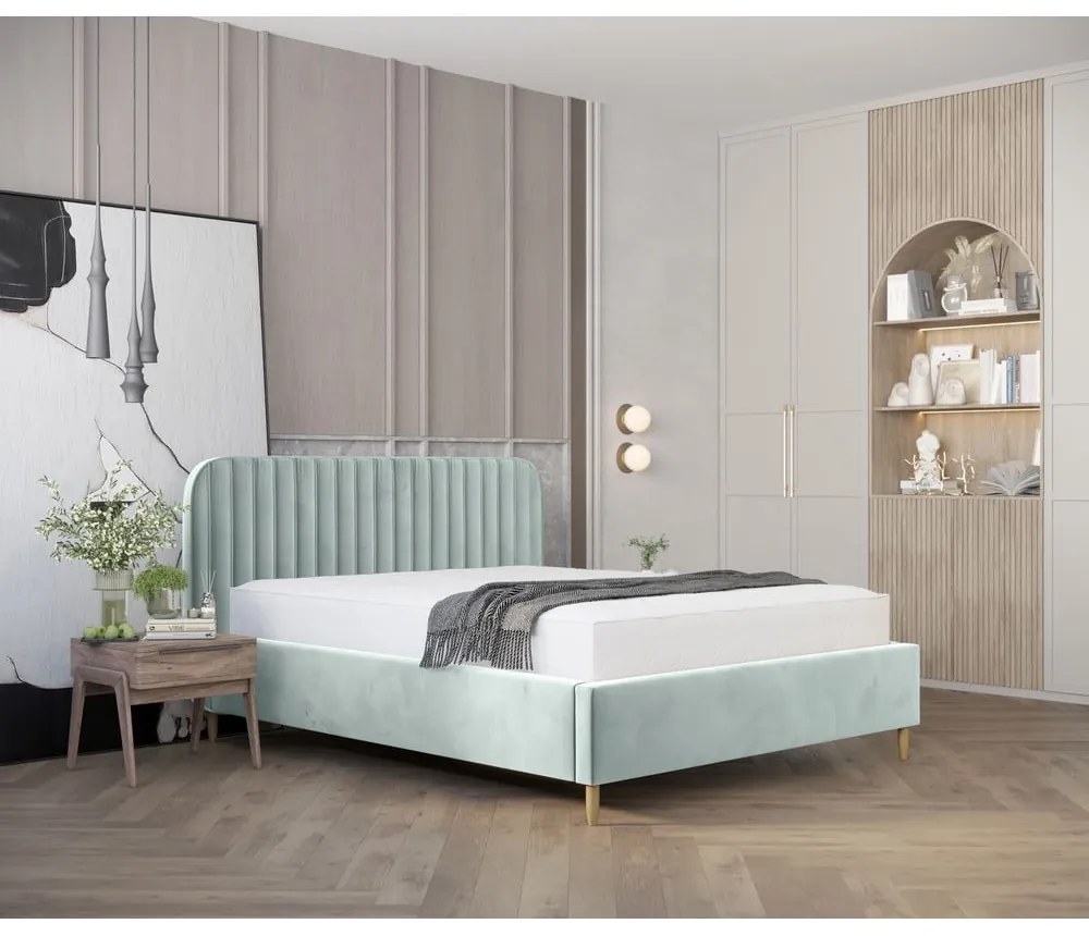 Mentazöld kárpitozott ágyneműtartós franciaágy ágyráccsal 180x200 cm Noto – Maison de Rêve