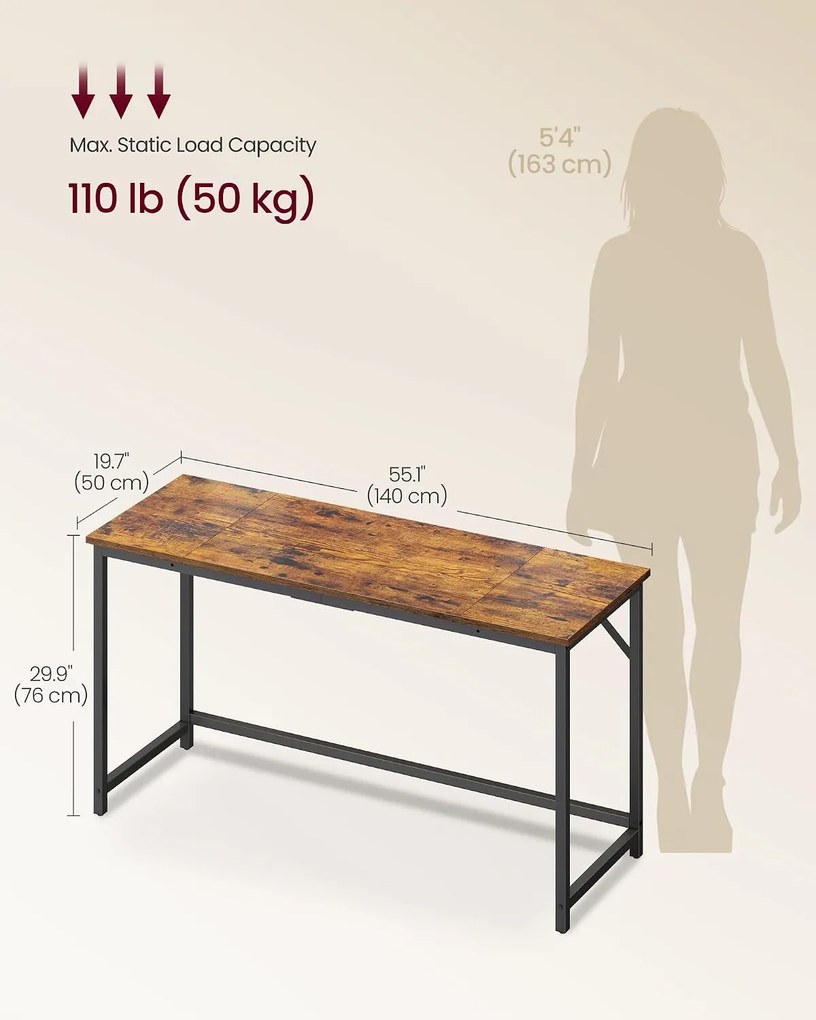 Íróasztal fém kerettel, kis irodai asztal, 140 cm, rusztikus barna