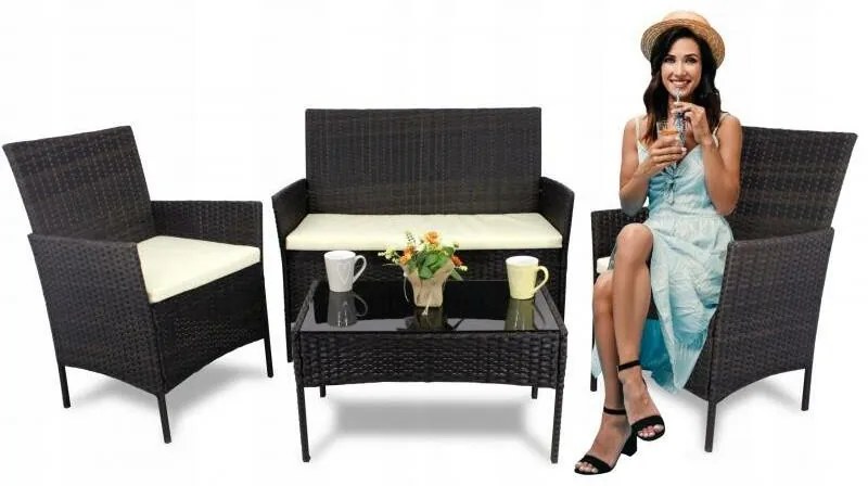 Aldotrade GardenLine rattan kerti garnitúra, barna + krémszínű ülőpárna
