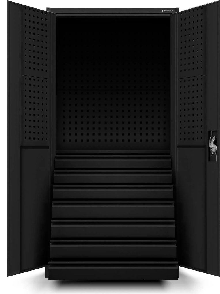 Műhelyszekrény táblákkal és fiókokkal, fekete, 920x1850x500 mm: DAREK All Black
