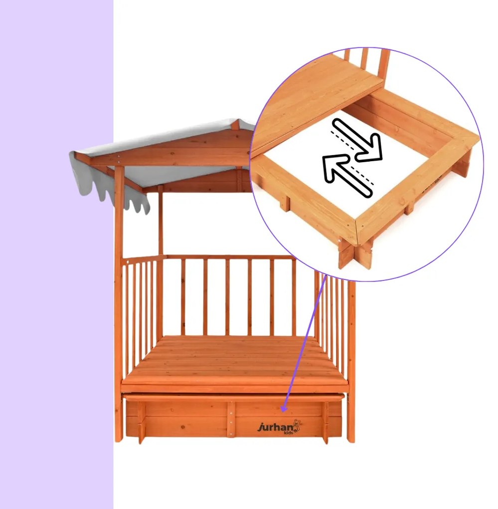 HAPPY homokozó verandával, tömör borókafenyőből 130 x 130 x 143 cm barna szürke Jurhan