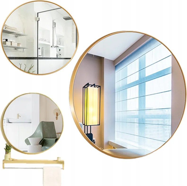 Nagy Kerek Tükör Ipari Fürdőszoba Nappali Hálószoba Arany 70CM XXL