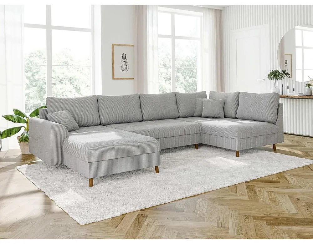 Világosszürke kordbársony sarokkanapé (bal oldali-U alakú) Ariella – Ropez