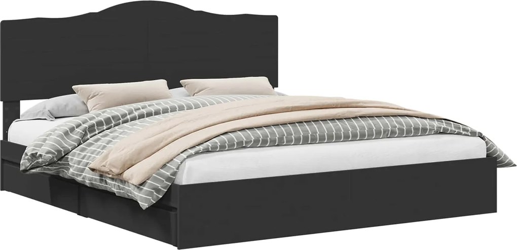 vidaXL Tárolós Ágy fejtámlával fiókkal Fekete 200 x 200 cm Faanyag