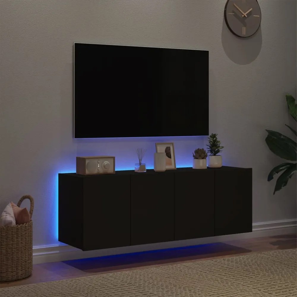 2 db fekete falra szerelhető TV-szekrény LED-del 60x35x41 cm
