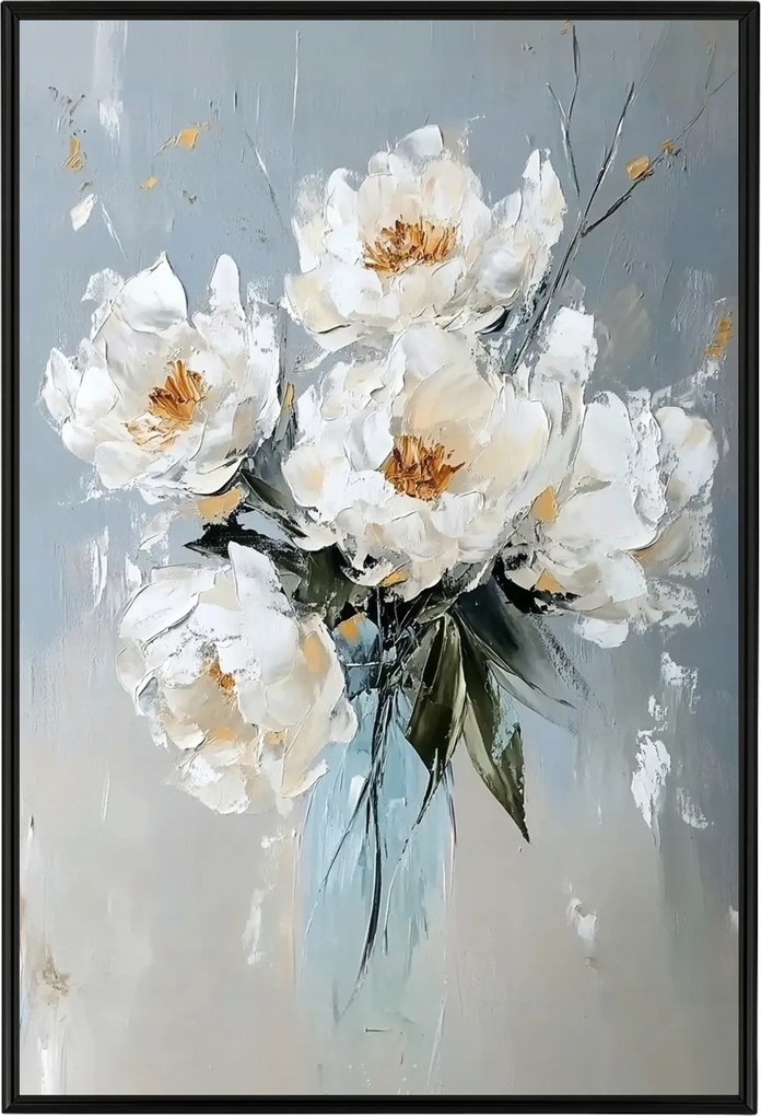 Poszter Keret Alumínium Olaj Impasto Virágok Fehér Bazsarózsa Csokor 40x60