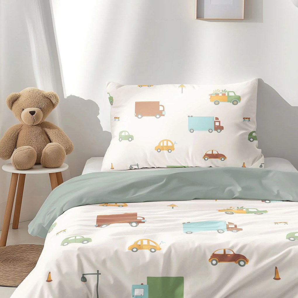 Goldea gyermek pamut ágyneműhuzat duo - az autók világa, zsálya színű hátoldal 140 x 200 és 70 x 90 cm