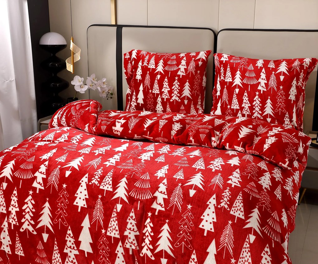Mikroplüss ágyneműhuzat CHRISTMAS TREES piros Ágyneműhuzat mérete: 2 db 70 x 90 cm | 200 x 220 cm