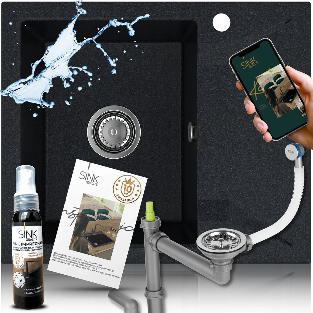 Gránit Egymedencés Konyhai Mosogató Csepegtetővel Fekete Metál 7e